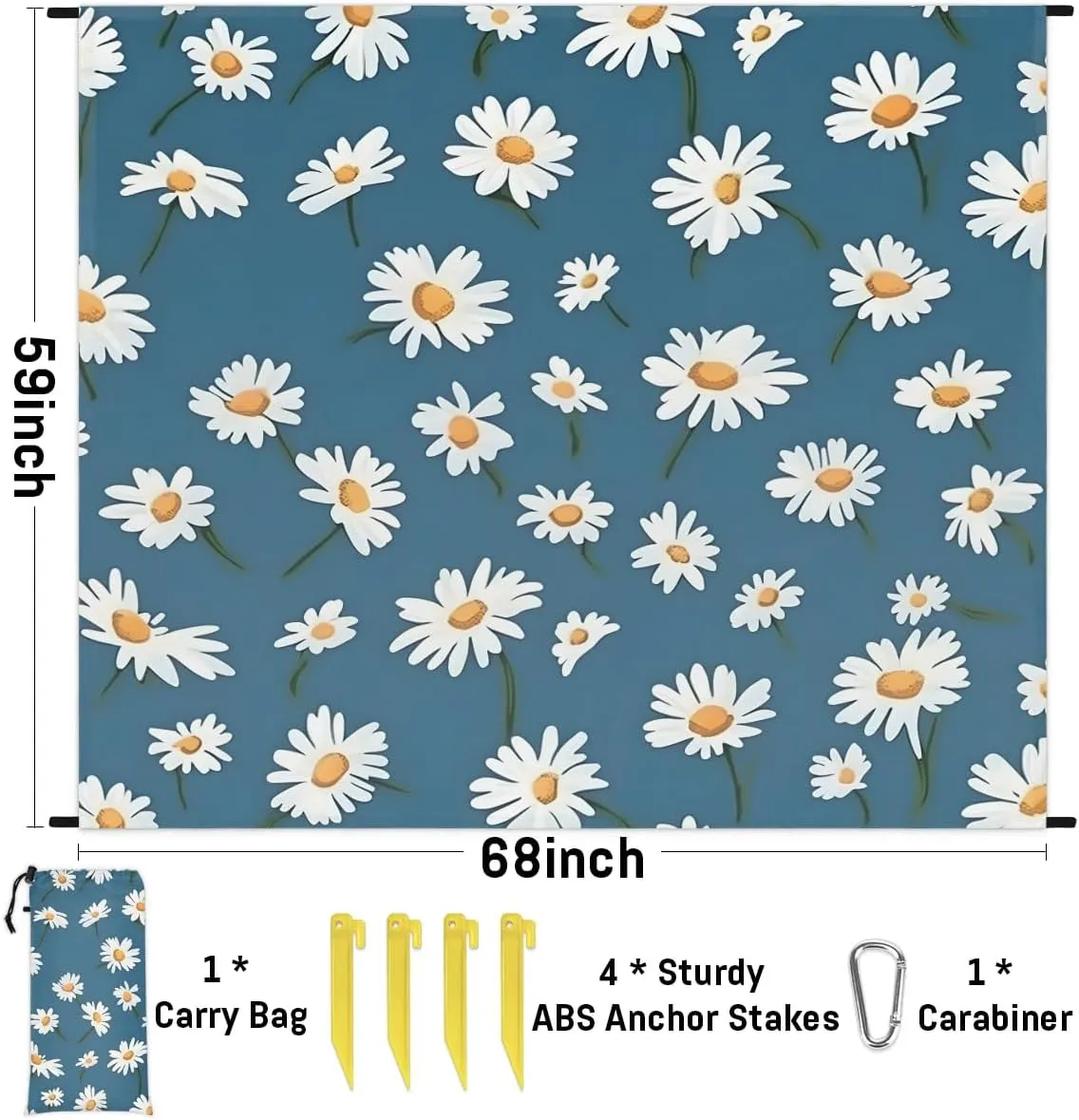 Beach Blanket, Daisy Print Sandproof Beach Mat, Waterproof Quick Drying Sand Free Mat with 4 x Ground Spikes for Outdoor Travel Camping Hiking, 68 x 59 in