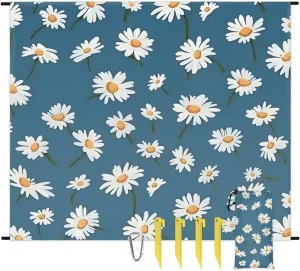 Beach Blanket, Daisy Print Sandproof Beach Mat, Waterproof Quick Drying Sand Free Mat with 4 x Ground Spikes for Outdoor Travel Camping Hiking, 68 x 59 in