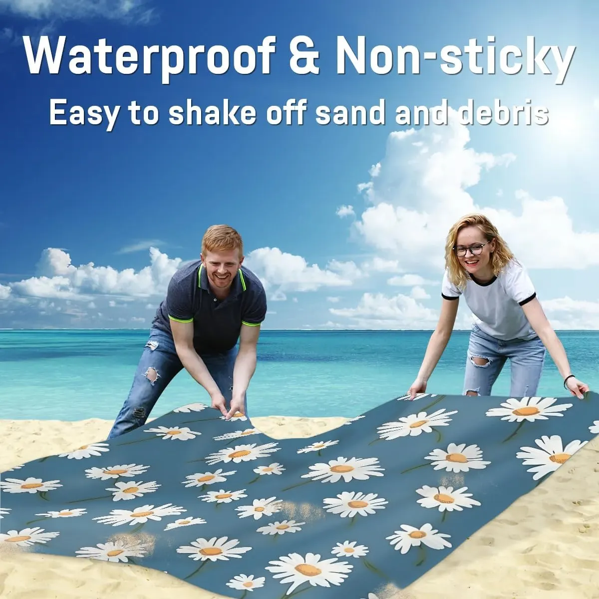 Beach Blanket, Daisy Print Sandproof Beach Mat, Waterproof Quick Drying Sand Free Mat with 4 x Ground Spikes for Outdoor Travel Camping Hiking, 68 x 59 in