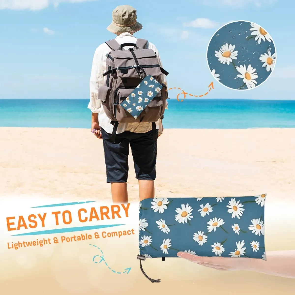 Beach Blanket, Daisy Print Sandproof Beach Mat, Waterproof Quick Drying Sand Free Mat with 4 x Ground Spikes for Outdoor Travel Camping Hiking, 68 x 59 in