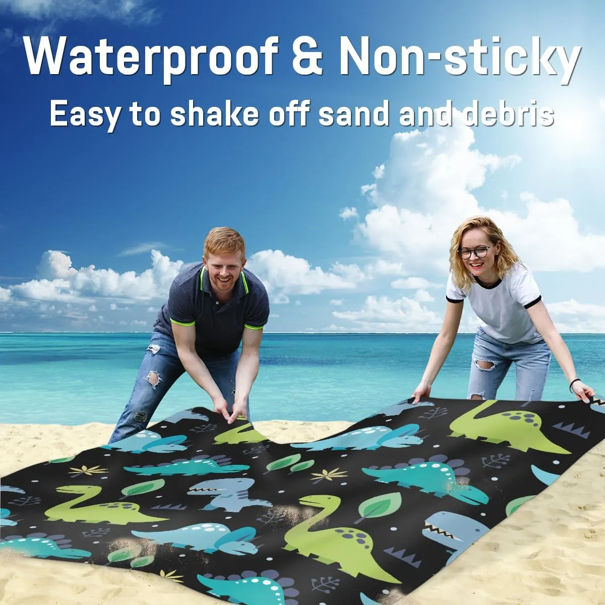 Beach Blanket, Dinosaur Sandproof Beach Mat, Waterproof Quick Drying Sand Free Mat with 4 x Ground Spikes for Outdoor Travel Camping Hiking, Animals 68 x 59 in