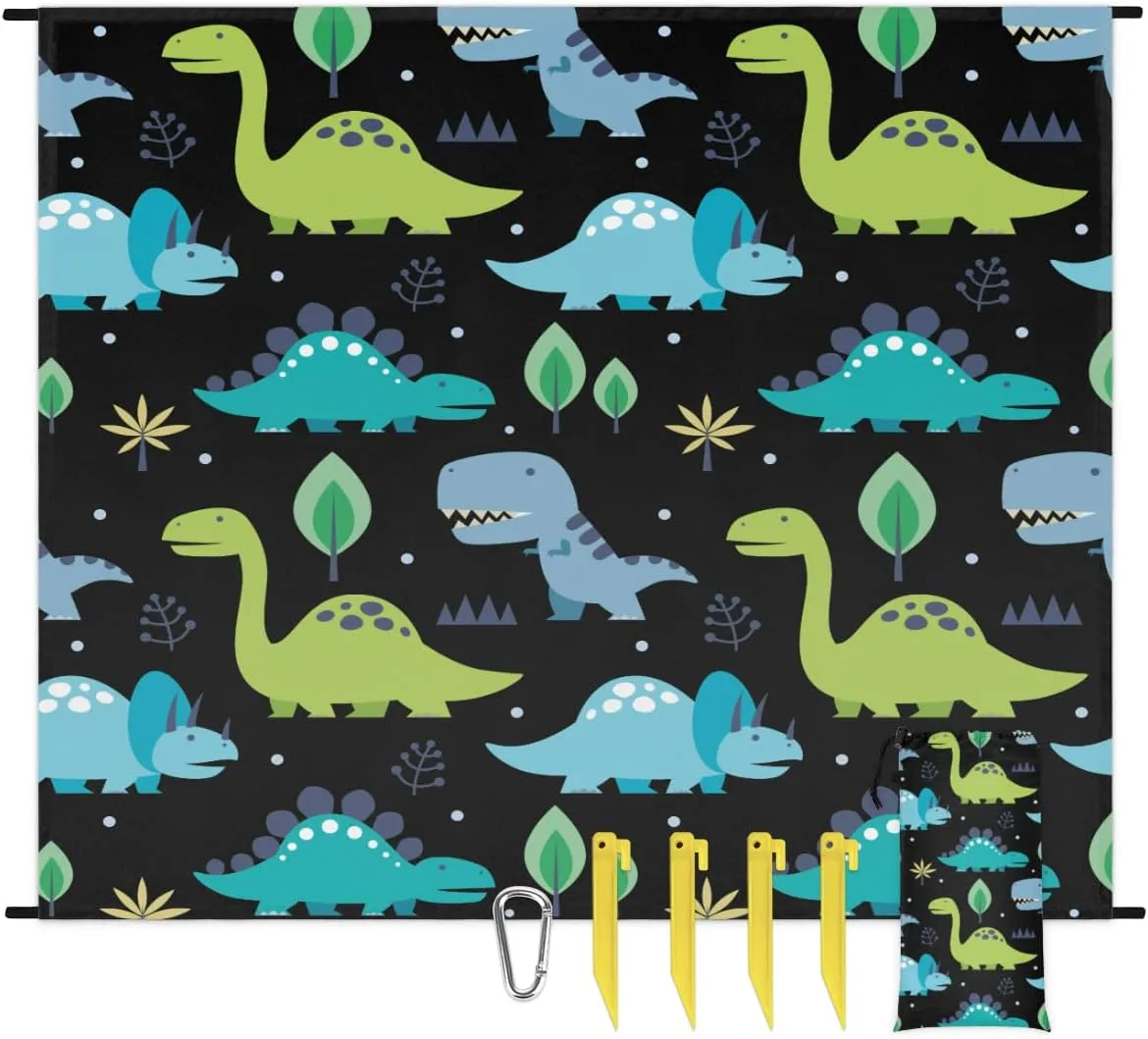 Beach Blanket, Dinosaur Sandproof Beach Mat, Waterproof Quick Drying Sand Free Mat with 4 x Ground Spikes for Outdoor Travel Camping Hiking, Animals 68 x 59 in