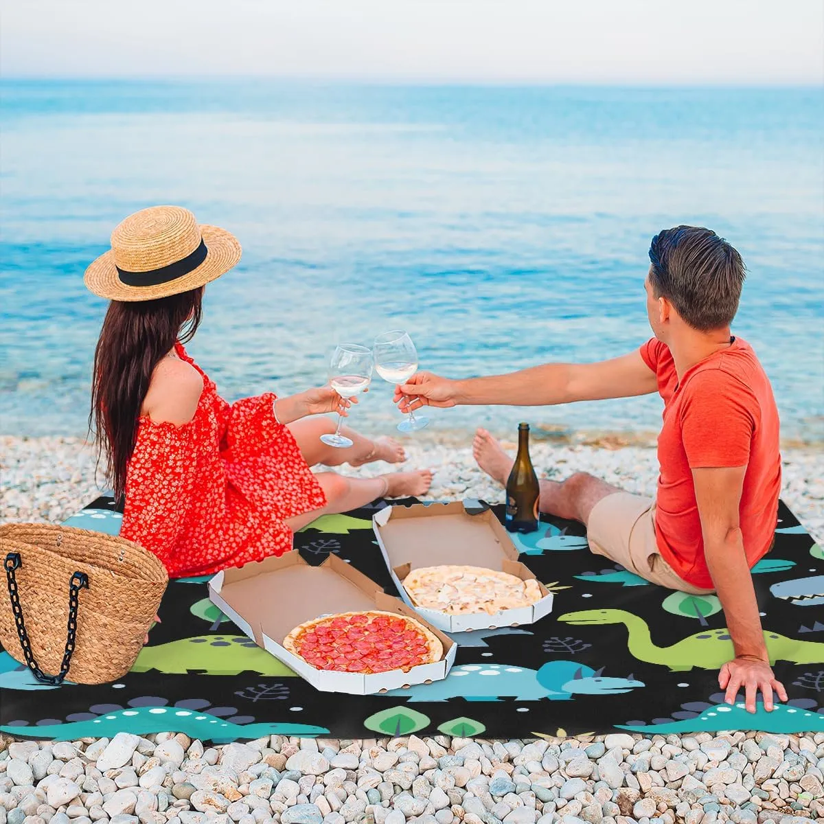 Beach Blanket, Dinosaur Sandproof Beach Mat, Waterproof Quick Drying Sand Free Mat with 4 x Ground Spikes for Outdoor Travel Camping Hiking, Animals 68 x 59 in
