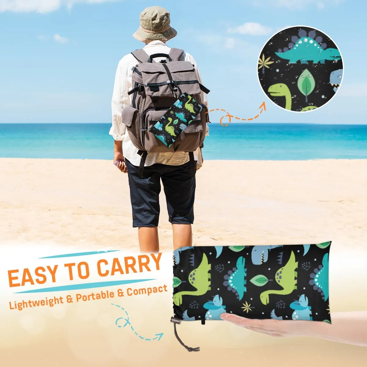 Beach Blanket, Dinosaur Sandproof Beach Mat, Waterproof Quick Drying Sand Free Mat with 4 x Ground Spikes for Outdoor Travel Camping Hiking, Animals 68 x 59 in
