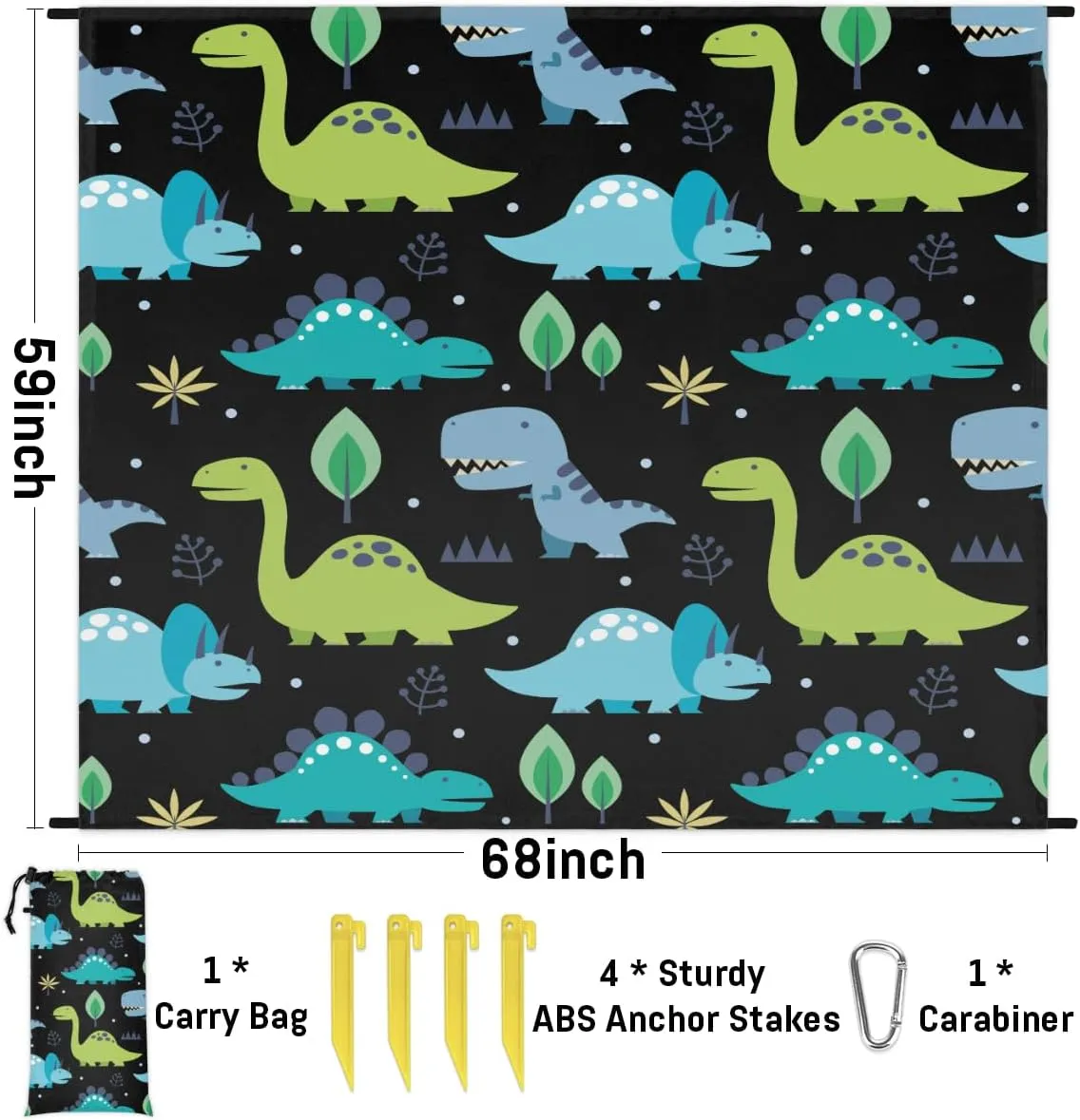Beach Blanket, Dinosaur Sandproof Beach Mat, Waterproof Quick Drying Sand Free Mat with 4 x Ground Spikes for Outdoor Travel Camping Hiking, Animals 68 x 59 in