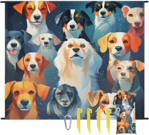 Beach Blanket, Dog Print Sandproof Beach Mat, Waterproof Quick Drying Sand Free Mat with 4 x Ground Spikes for Outdoor Travel Camping Hiking, Pet Dogs 68 x 59 in