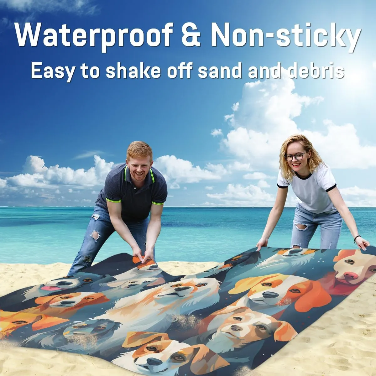 Beach Blanket, Dog Print Sandproof Beach Mat, Waterproof Quick Drying Sand Free Mat with 4 x Ground Spikes for Outdoor Travel Camping Hiking, Pet Dogs 68 x 59 in