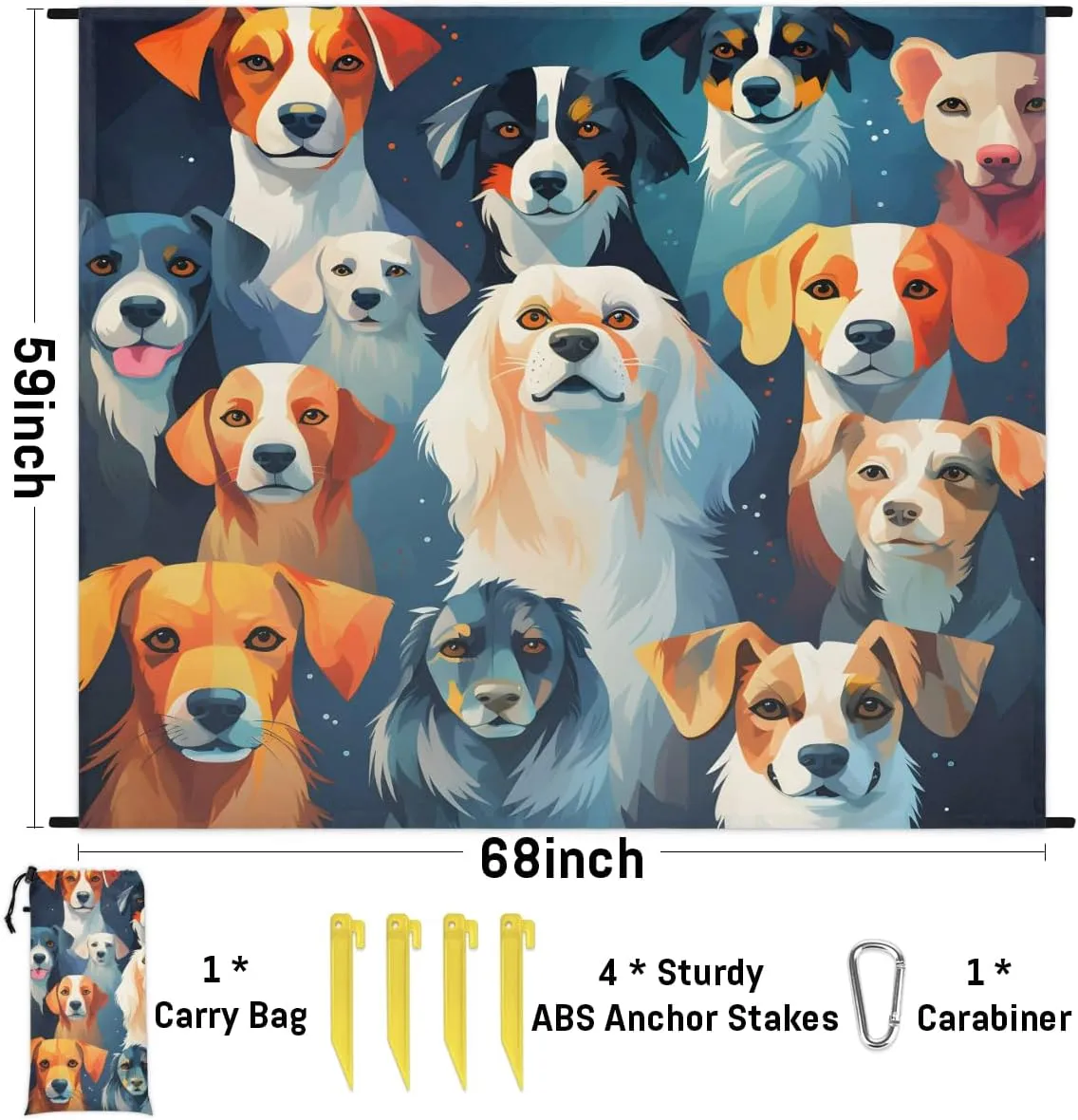 Beach Blanket, Dog Print Sandproof Beach Mat, Waterproof Quick Drying Sand Free Mat with 4 x Ground Spikes for Outdoor Travel Camping Hiking, Pet Dogs 68 x 59 in