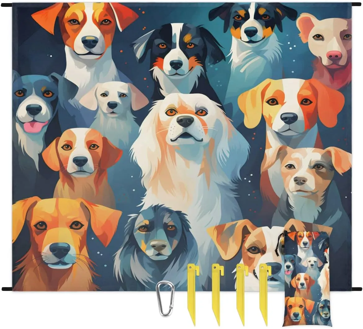 Beach Blanket, Dog Print Sandproof Beach Mat, Waterproof Quick Drying Sand Free Mat with 4 x Ground Spikes for Outdoor Travel Camping Hiking, Pet Dogs 68 x 59 in