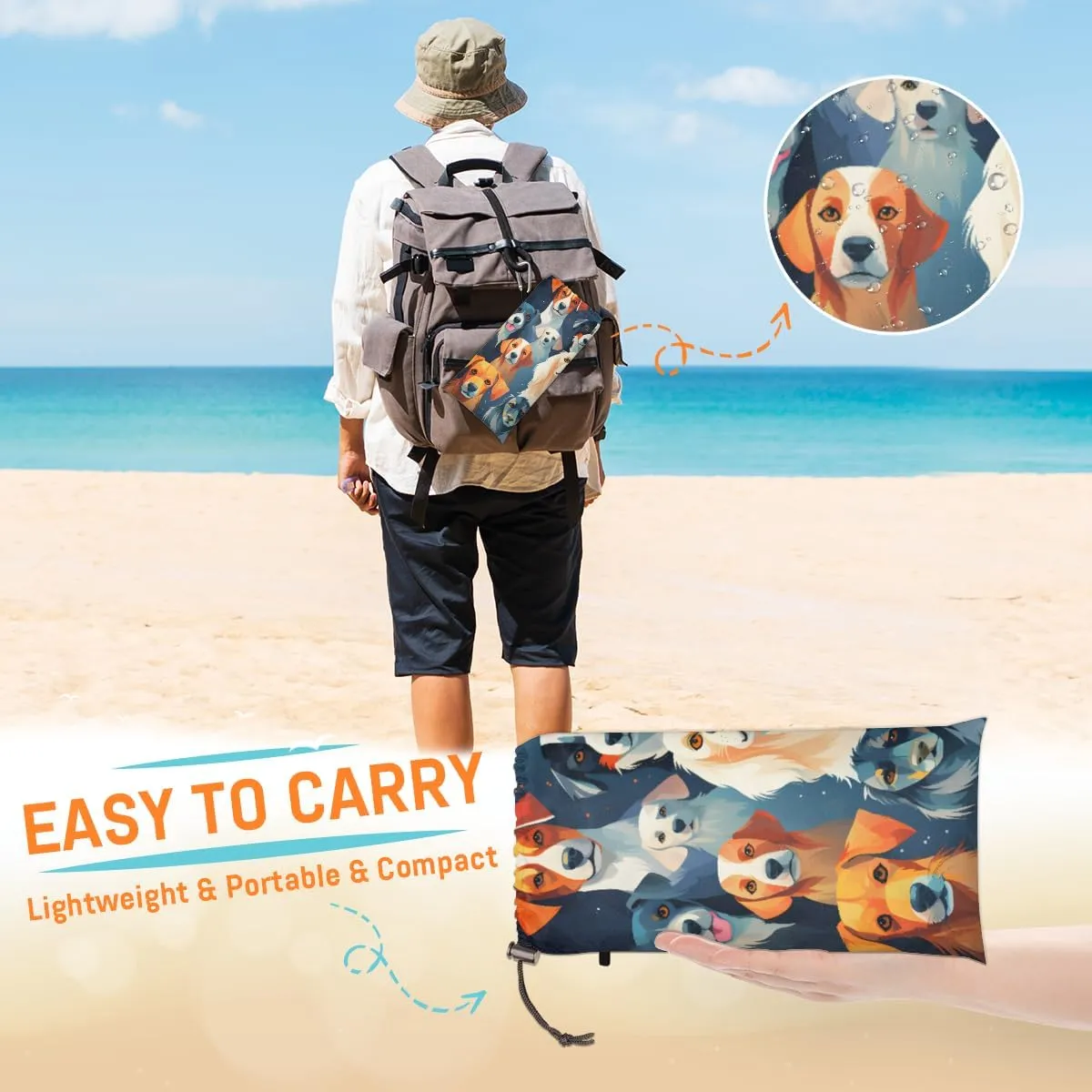 Beach Blanket, Dog Print Sandproof Beach Mat, Waterproof Quick Drying Sand Free Mat with 4 x Ground Spikes for Outdoor Travel Camping Hiking, Pet Dogs 68 x 59 in