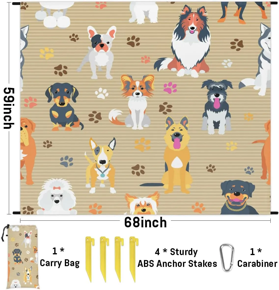 Beach Blanket, Dog Sandproof Beach Mat, Waterproof Quick Drying Sand Free Mat with 4 x Ground Spikes for Outdoor Travel Camping Hiking, Dog Breeds Profiles Pets 68 x 59 in