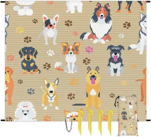 Beach Blanket, Dog Sandproof Beach Mat, Waterproof Quick Drying Sand Free Mat with 4 x Ground Spikes for Outdoor Travel Camping Hiking, Dog Breeds Profiles Pets 68 x 59 in