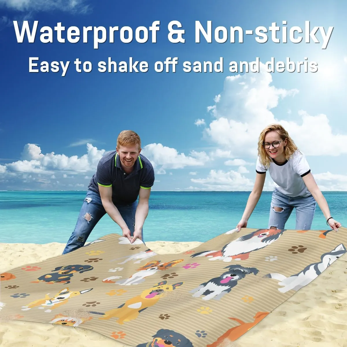 Beach Blanket, Dog Sandproof Beach Mat, Waterproof Quick Drying Sand Free Mat with 4 x Ground Spikes for Outdoor Travel Camping Hiking, Dog Breeds Profiles Pets 68 x 59 in