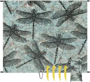 Beach Blanket, Dragonfly Sandproof Beach Mat, Waterproof Quick Drying Sand Free Mat with 4 x Ground Spikes for Outdoor Travel Camping Hiking, Dragonfly Print 68 x 59 in