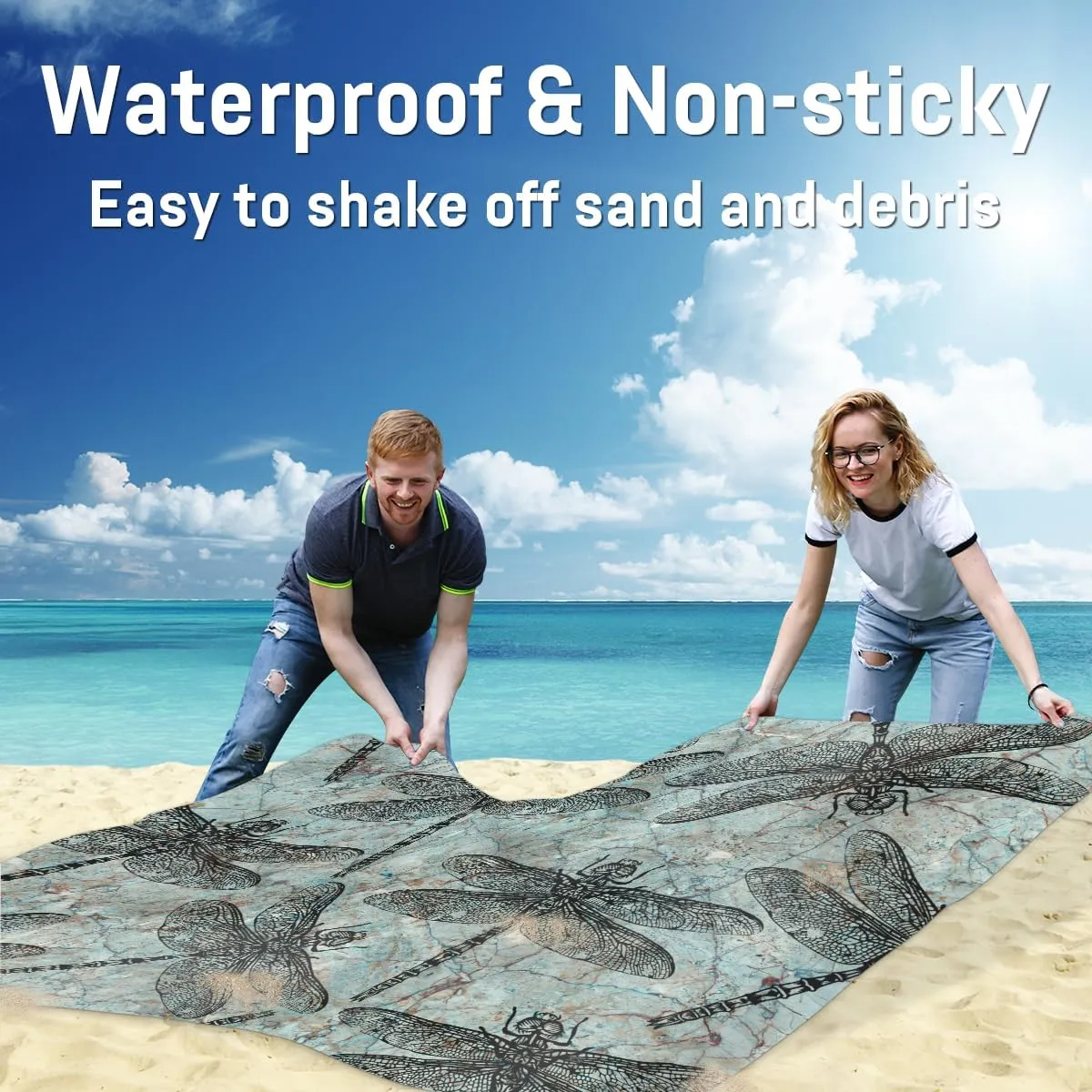 Beach Blanket, Dragonfly Sandproof Beach Mat, Waterproof Quick Drying Sand Free Mat with 4 x Ground Spikes for Outdoor Travel Camping Hiking, Dragonfly Print 68 x 59 in