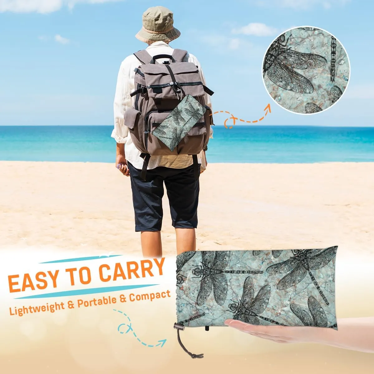 Beach Blanket, Dragonfly Sandproof Beach Mat, Waterproof Quick Drying Sand Free Mat with 4 x Ground Spikes for Outdoor Travel Camping Hiking, Dragonfly Print 68 x 59 in