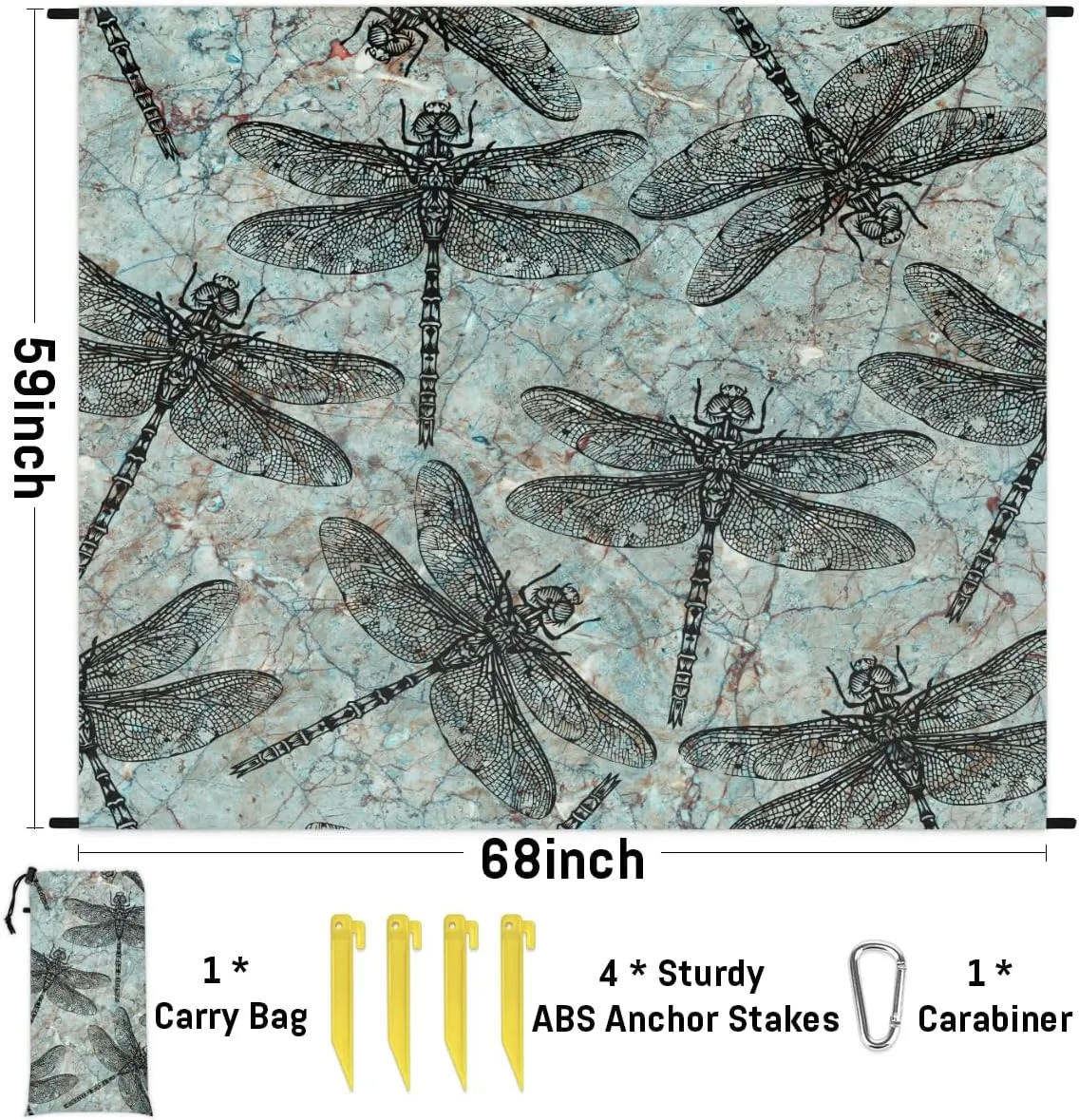 Beach Blanket, Dragonfly Sandproof Beach Mat, Waterproof Quick Drying Sand Free Mat with 4 x Ground Spikes for Outdoor Travel Camping Hiking, Dragonfly Print 68 x 59 in