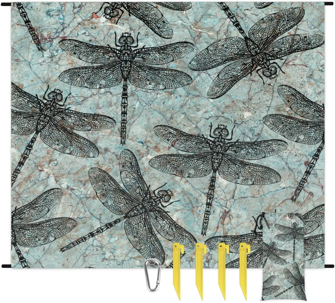 Beach Blanket, Dragonfly Sandproof Beach Mat, Waterproof Quick Drying Sand Free Mat with 4 x Ground Spikes for Outdoor Travel Camping Hiking, Dragonfly Print 68 x 59 in
