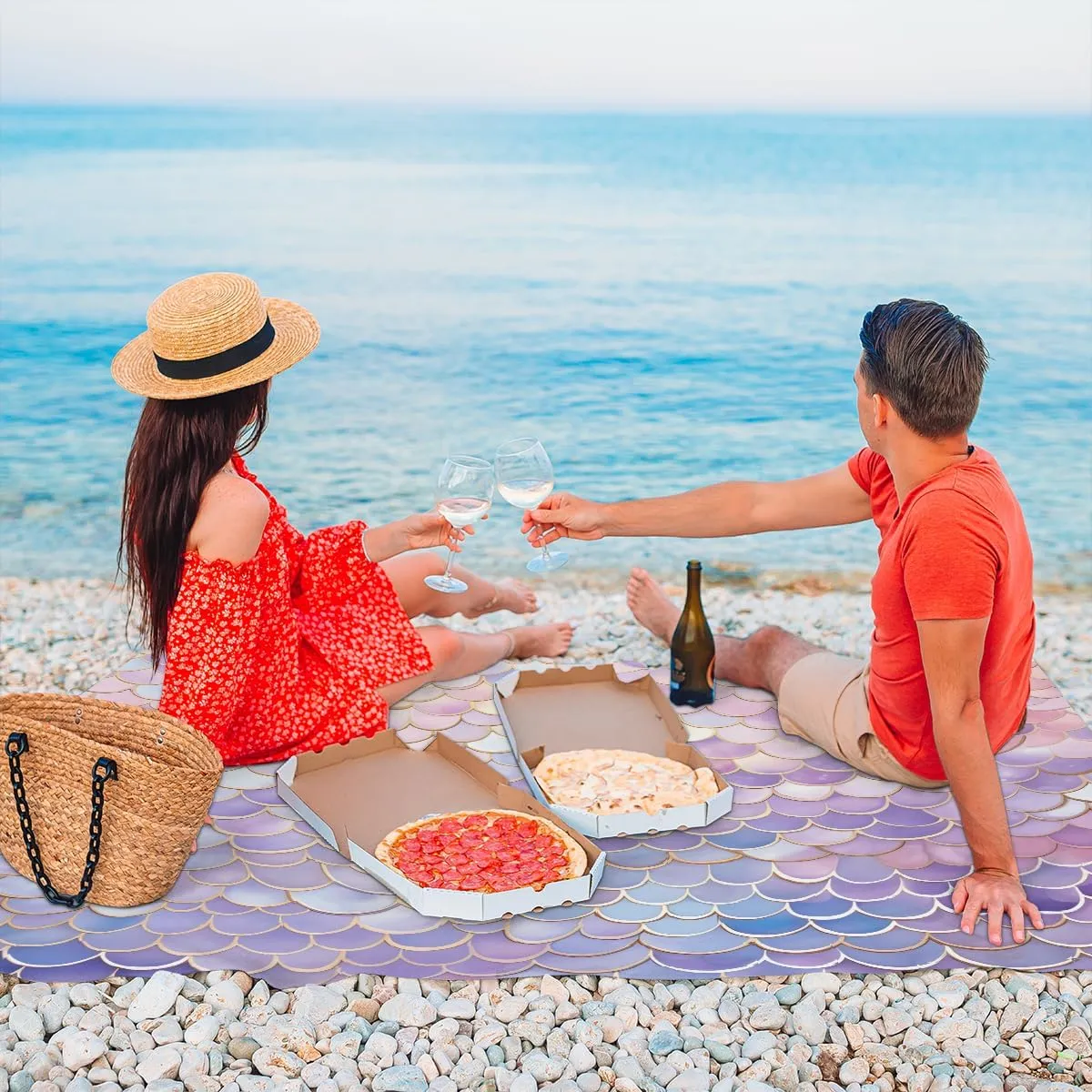 Beach Blanket, Fish Scales Sandproof Beach Mat, Waterproof Quick Drying Sand Free Mat with 4 x Ground Spikes for Outdoor Travel Camping Hiking, Mermaids 68 x 59 in