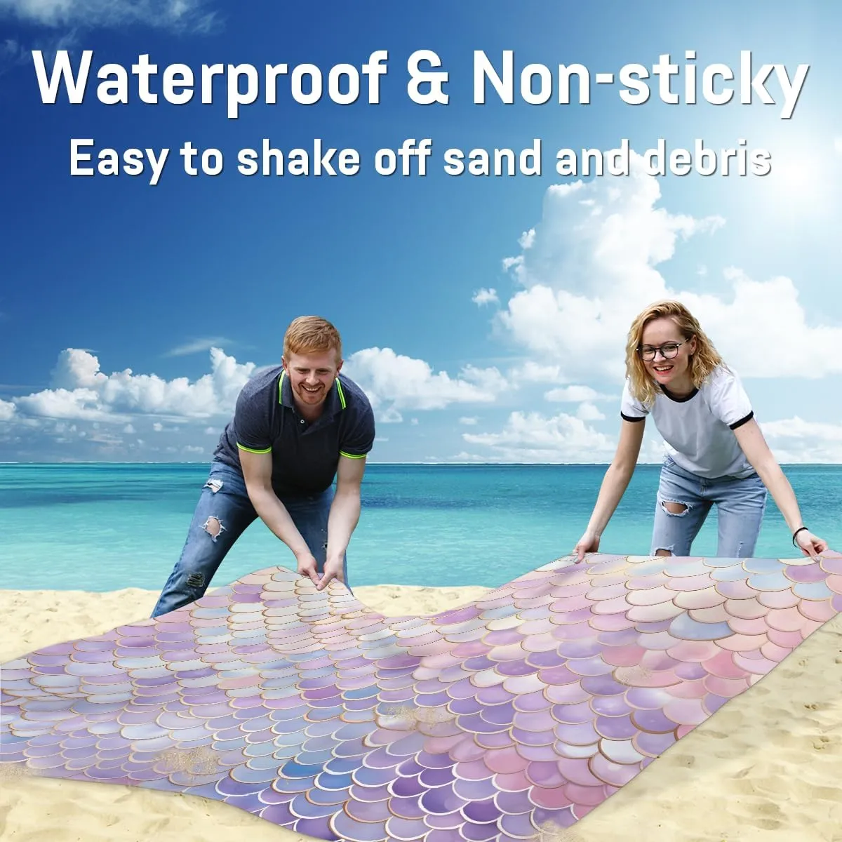 Beach Blanket, Fish Scales Sandproof Beach Mat, Waterproof Quick Drying Sand Free Mat with 4 x Ground Spikes for Outdoor Travel Camping Hiking, Mermaids 68 x 59 in