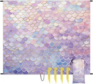 Beach Blanket, Fish Scales Sandproof Beach Mat, Waterproof Quick Drying Sand Free Mat with 4 x Ground Spikes for Outdoor Travel Camping Hiking, Mermaids 68 x 59 in