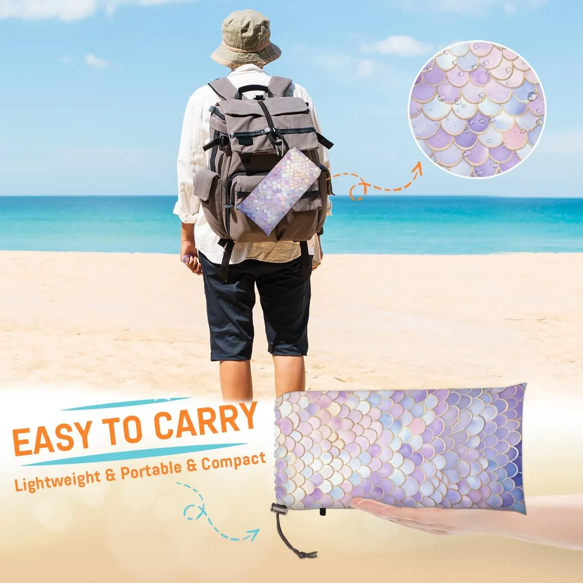 Beach Blanket, Fish Scales Sandproof Beach Mat, Waterproof Quick Drying Sand Free Mat with 4 x Ground Spikes for Outdoor Travel Camping Hiking, Mermaids 68 x 59 in