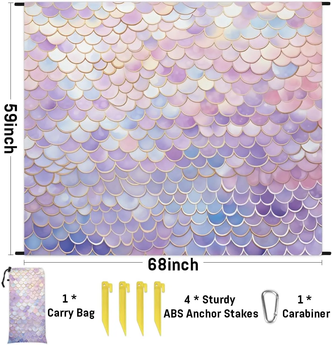 Beach Blanket, Fish Scales Sandproof Beach Mat, Waterproof Quick Drying Sand Free Mat with 4 x Ground Spikes for Outdoor Travel Camping Hiking, Mermaids 68 x 59 in