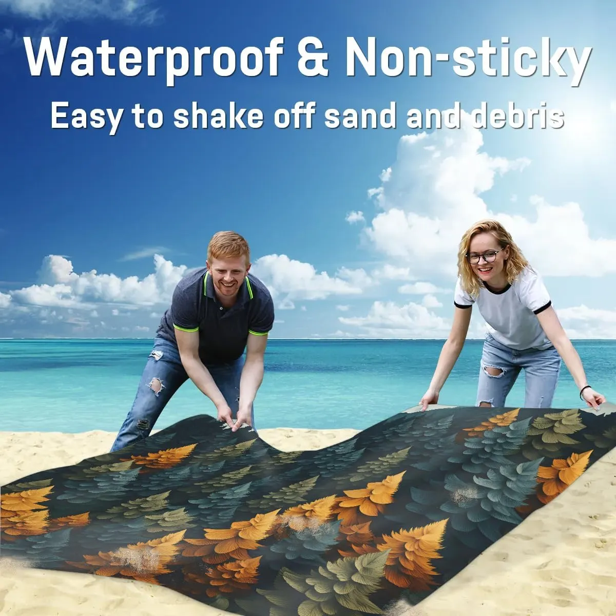 Beach Blanket, Forest Sandproof Beach Mat, Waterproof Quick Drying Sand Free Mat with 4 x Ground Spikes for Outdoor Travel Camping Hiking, Tree 68 x 59 in