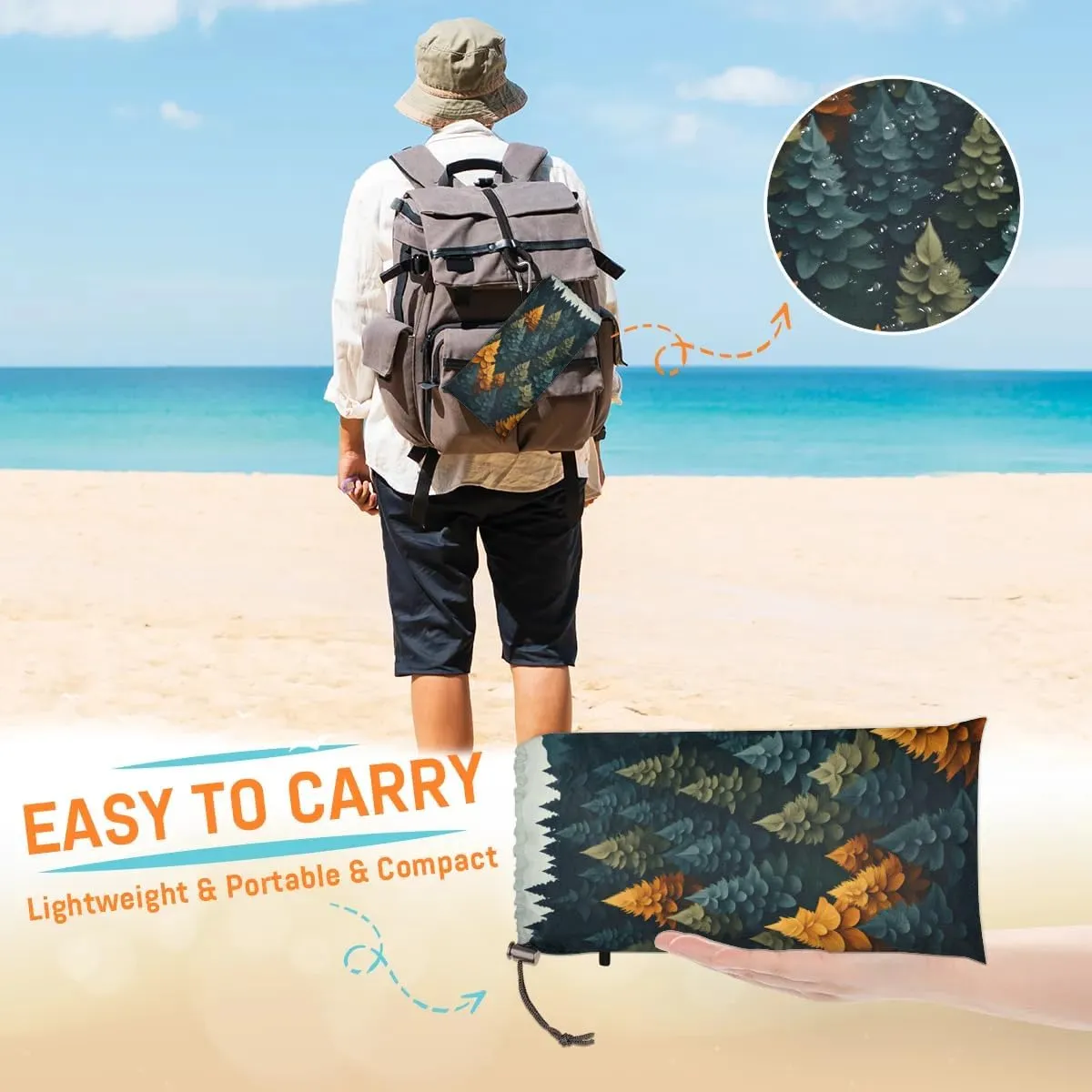 Beach Blanket, Forest Sandproof Beach Mat, Waterproof Quick Drying Sand Free Mat with 4 x Ground Spikes for Outdoor Travel Camping Hiking, Tree 68 x 59 in