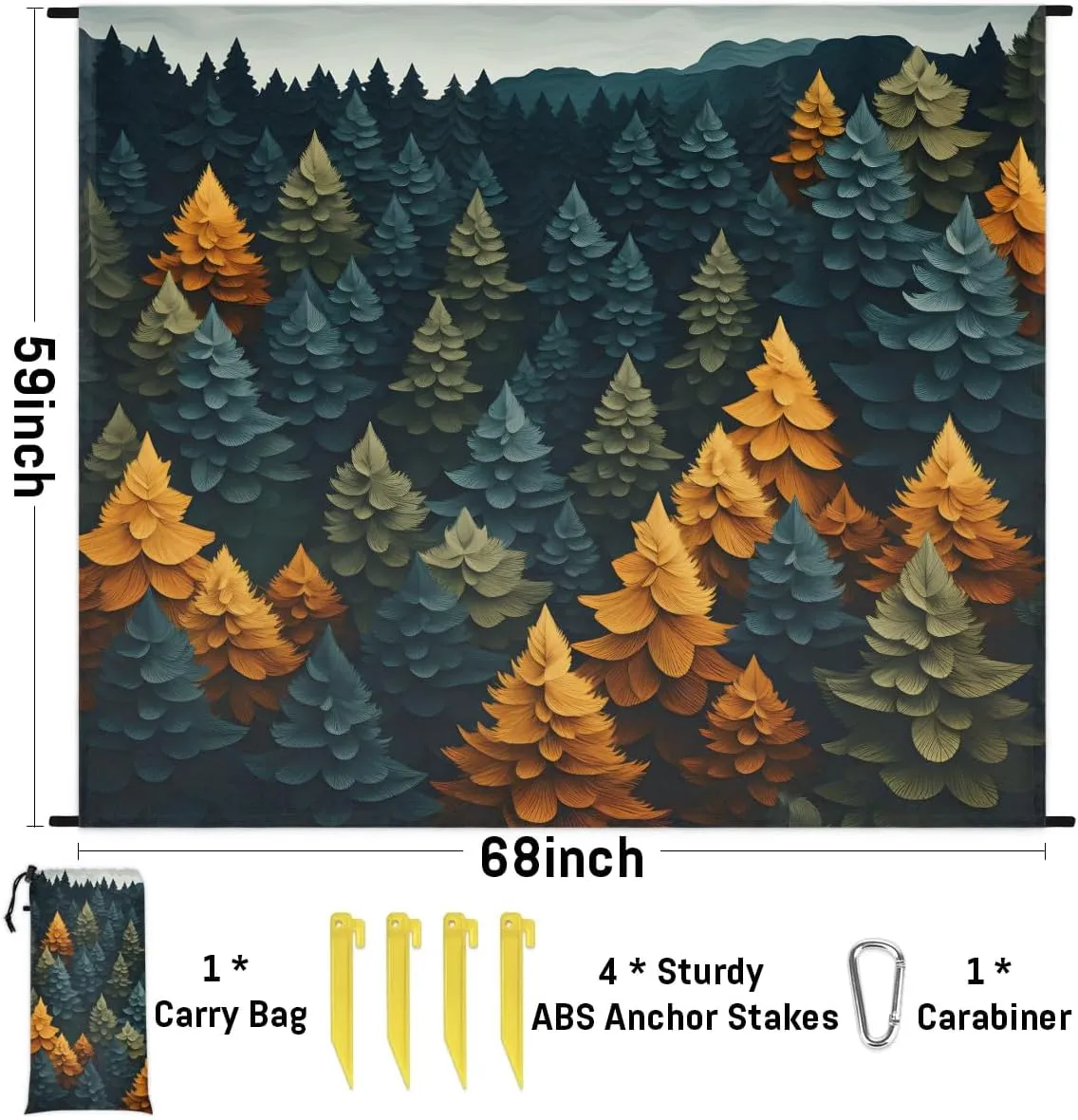 Beach Blanket, Forest Sandproof Beach Mat, Waterproof Quick Drying Sand Free Mat with 4 x Ground Spikes for Outdoor Travel Camping Hiking, Tree 68 x 59 in