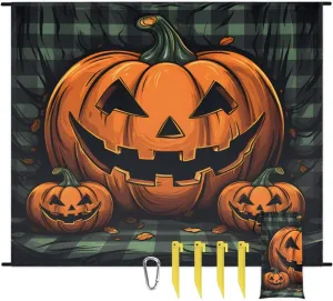 Beach Blanket, Happy Halloween Sandproof Beach Mat, Waterproof Quick Drying Sand Free Mat with 4 x Ground Spikes for Outdoor Travel Camping Hiking, Evil Pumpkin Smile 68 x 59 in
