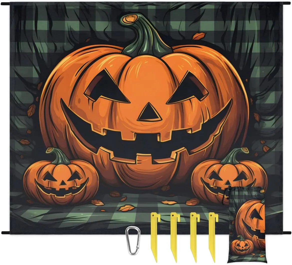 Beach Blanket, Happy Halloween Sandproof Beach Mat, Waterproof Quick Drying Sand Free Mat with 4 x Ground Spikes for Outdoor Travel Camping Hiking, Evil Pumpkin Smile 68 x 59 in