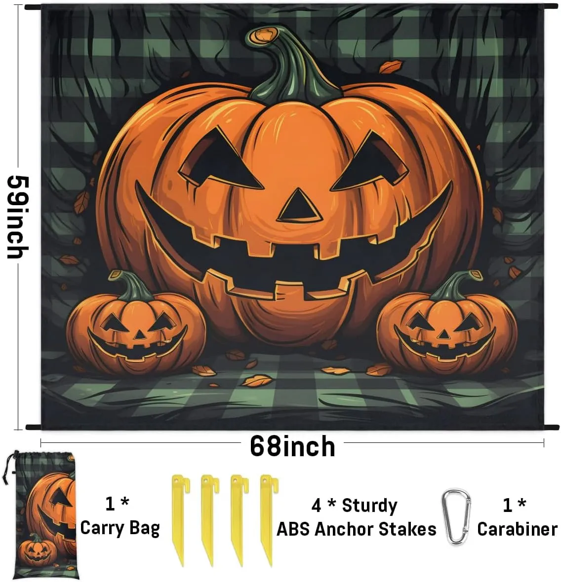 Beach Blanket, Happy Halloween Sandproof Beach Mat, Waterproof Quick Drying Sand Free Mat with 4 x Ground Spikes for Outdoor Travel Camping Hiking, Evil Pumpkin Smile 68 x 59 in