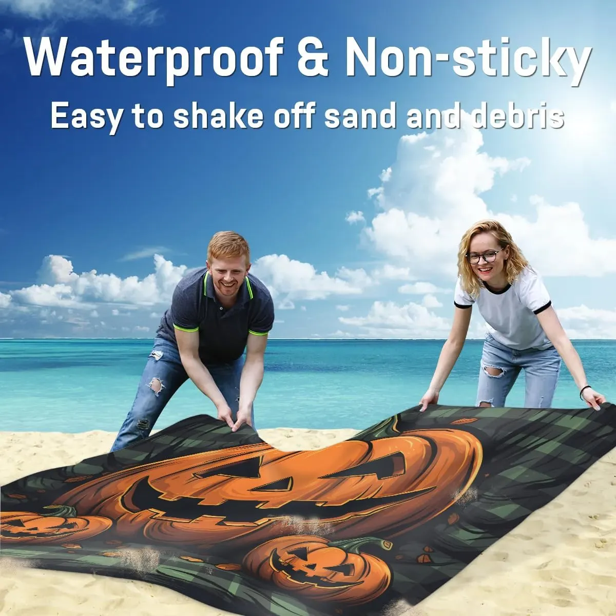 Beach Blanket, Happy Halloween Sandproof Beach Mat, Waterproof Quick Drying Sand Free Mat with 4 x Ground Spikes for Outdoor Travel Camping Hiking, Evil Pumpkin Smile 68 x 59 in