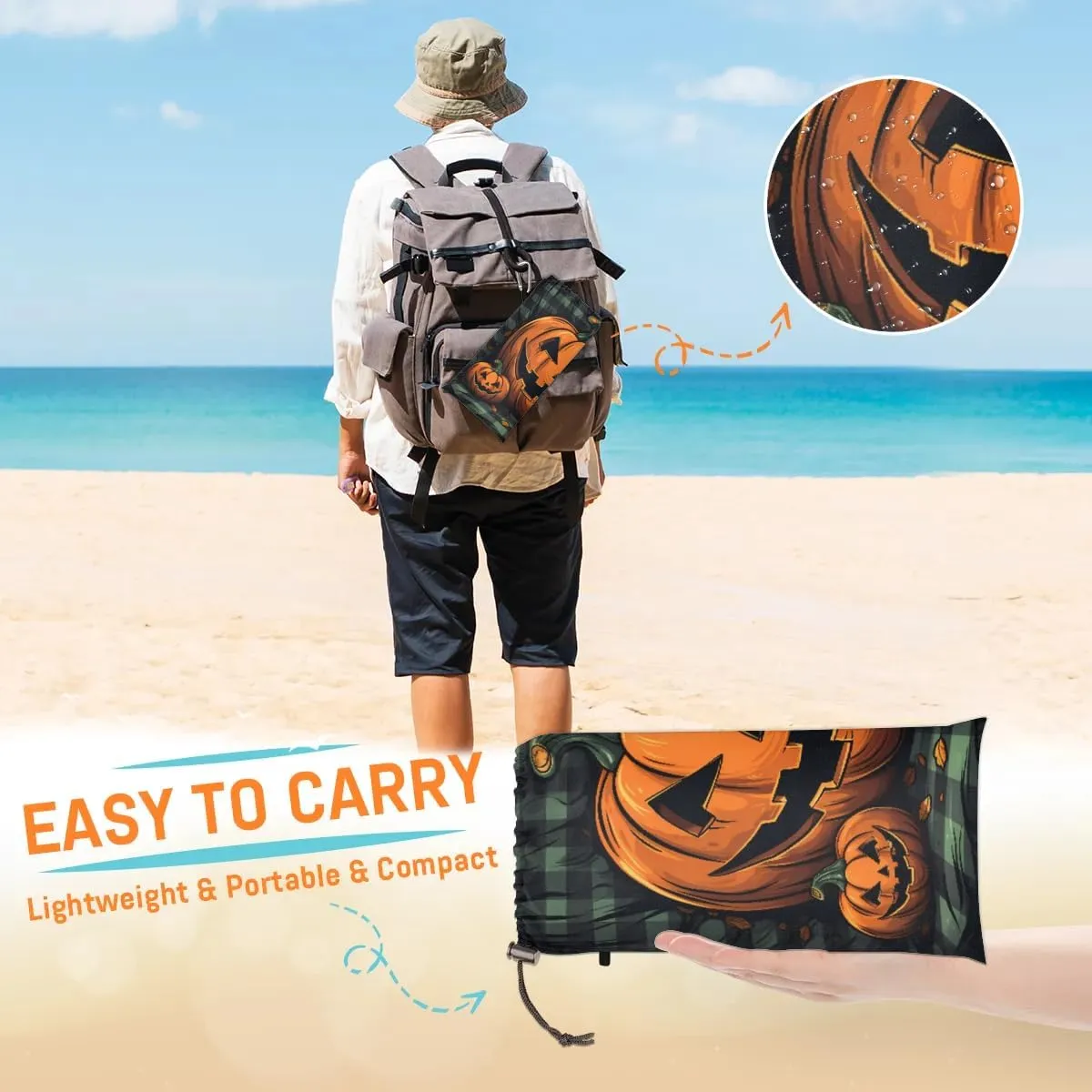 Beach Blanket, Happy Halloween Sandproof Beach Mat, Waterproof Quick Drying Sand Free Mat with 4 x Ground Spikes for Outdoor Travel Camping Hiking, Evil Pumpkin Smile 68 x 59 in