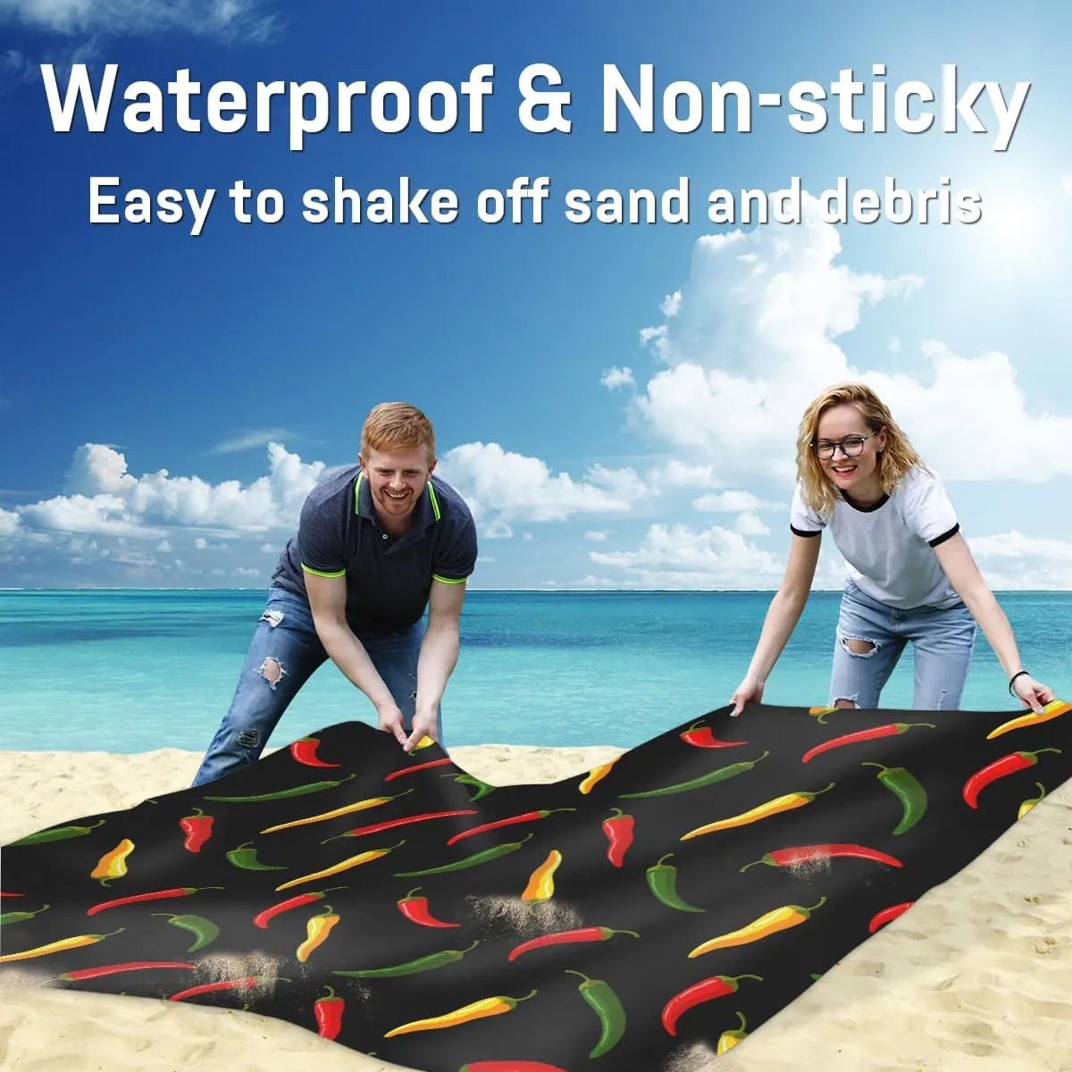 Beach Blanket, Hot Chili Sandproof Beach Mat, Waterproof Quick Drying Sand Free Mat with 4 x Ground Spikes for Outdoor Travel Camping Hiking, Colorful Vegetable Chili 68 x 59 in