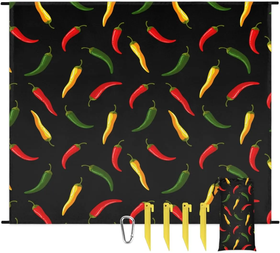 Beach Blanket, Hot Chili Sandproof Beach Mat, Waterproof Quick Drying Sand Free Mat with 4 x Ground Spikes for Outdoor Travel Camping Hiking, Colorful Vegetable Chili 68 x 59 in