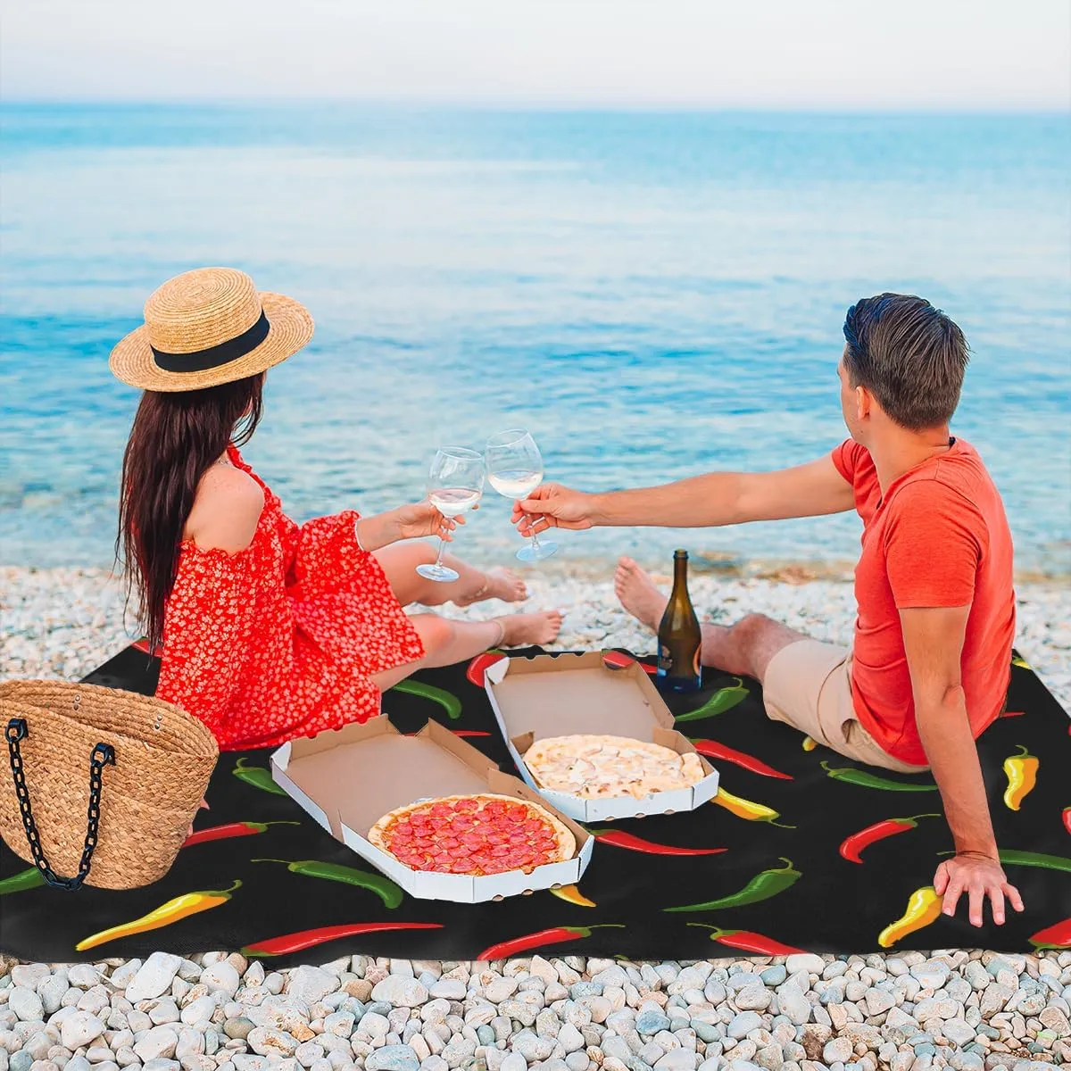 Beach Blanket, Hot Chili Sandproof Beach Mat, Waterproof Quick Drying Sand Free Mat with 4 x Ground Spikes for Outdoor Travel Camping Hiking, Colorful Vegetable Chili 68 x 59 in