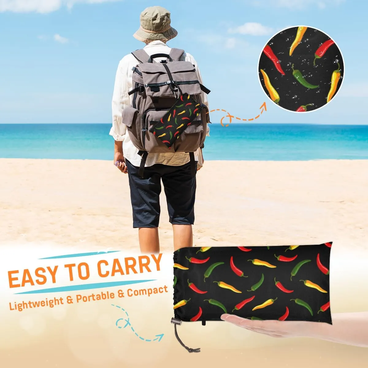 Beach Blanket, Hot Chili Sandproof Beach Mat, Waterproof Quick Drying Sand Free Mat with 4 x Ground Spikes for Outdoor Travel Camping Hiking, Colorful Vegetable Chili 68 x 59 in