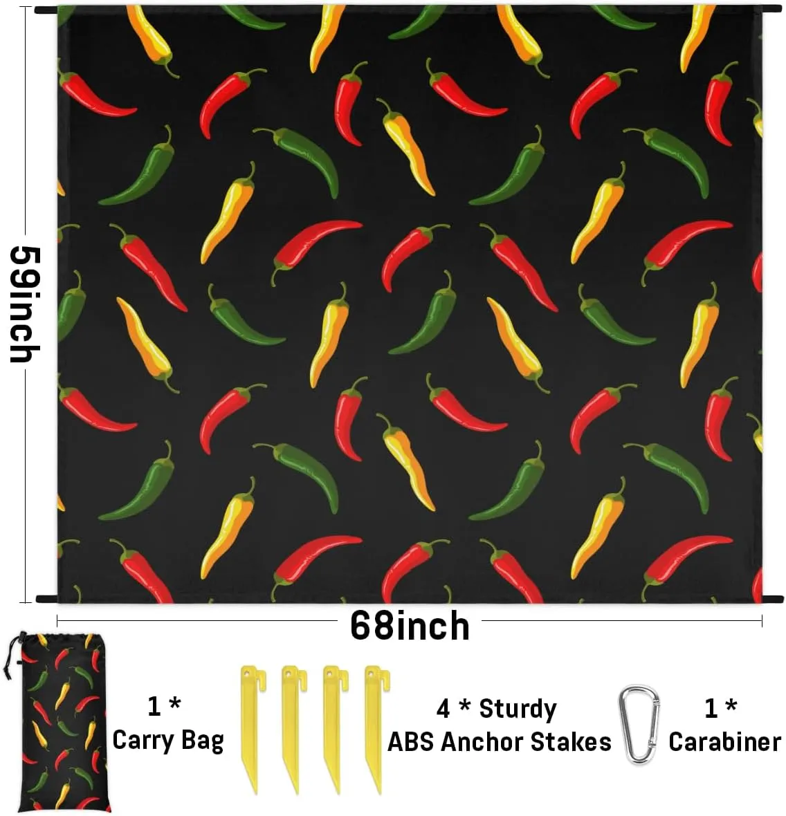 Beach Blanket, Hot Chili Sandproof Beach Mat, Waterproof Quick Drying Sand Free Mat with 4 x Ground Spikes for Outdoor Travel Camping Hiking, Colorful Vegetable Chili 68 x 59 in