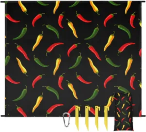Beach Blanket, Hot Chili Sandproof Beach Mat, Waterproof Quick Drying Sand Free Mat with 4 x Ground Spikes for Outdoor Travel Camping Hiking, Colorful Vegetable Chili 68 x 59 in
