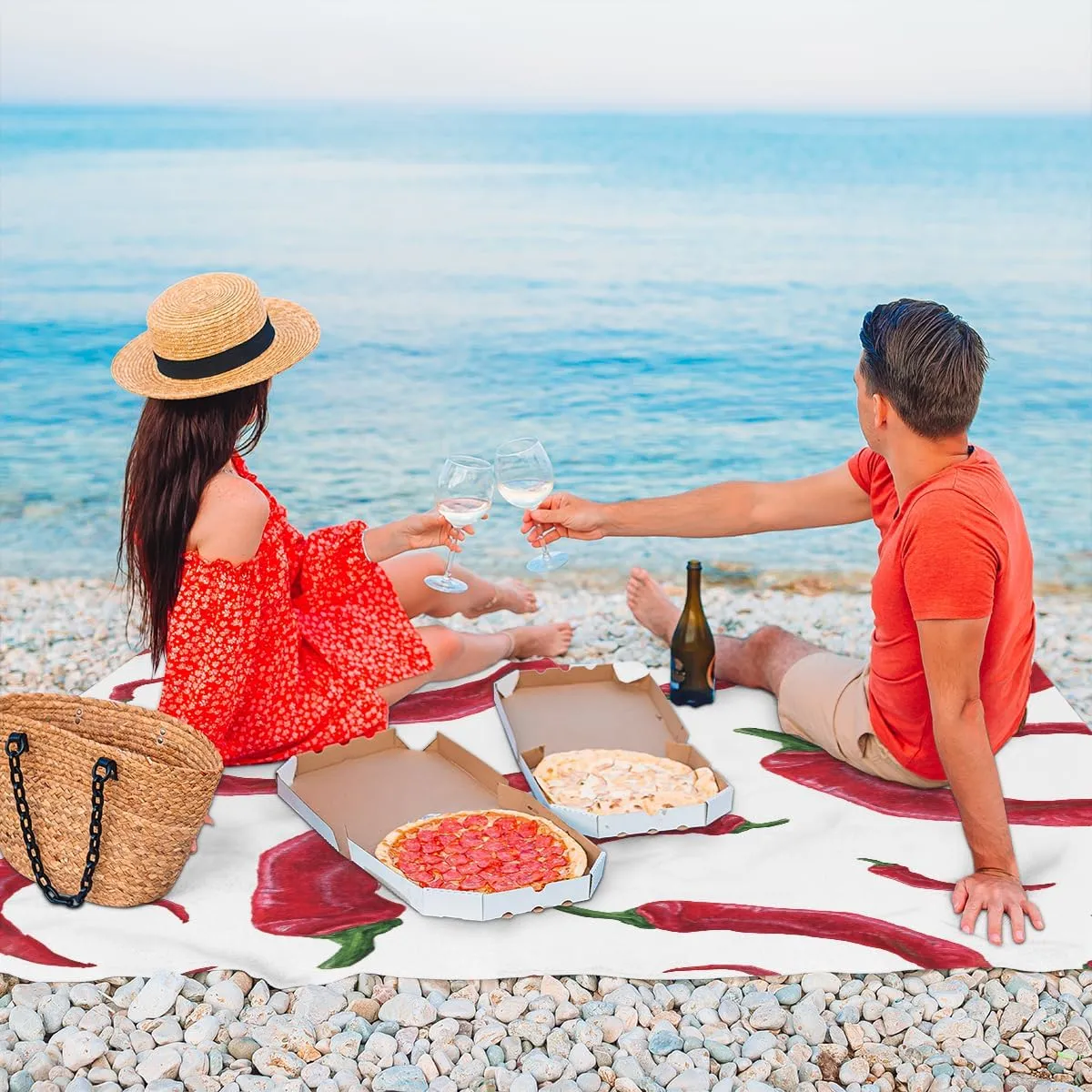 Beach Blanket, Hot Chili Sandproof Beach Mat, Waterproof Quick Drying Sand Free Mat with 4 x Ground Spikes for Outdoor Travel Camping Hiking, Vegetable Chili 68 x 59 in