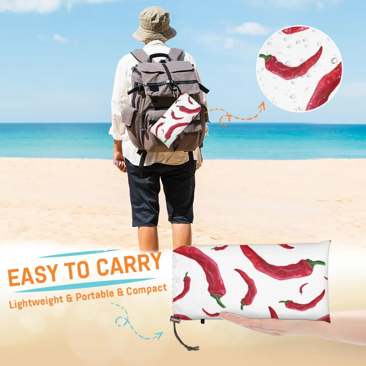 Beach Blanket, Hot Chili Sandproof Beach Mat, Waterproof Quick Drying Sand Free Mat with 4 x Ground Spikes for Outdoor Travel Camping Hiking, Vegetable Chili 68 x 59 in