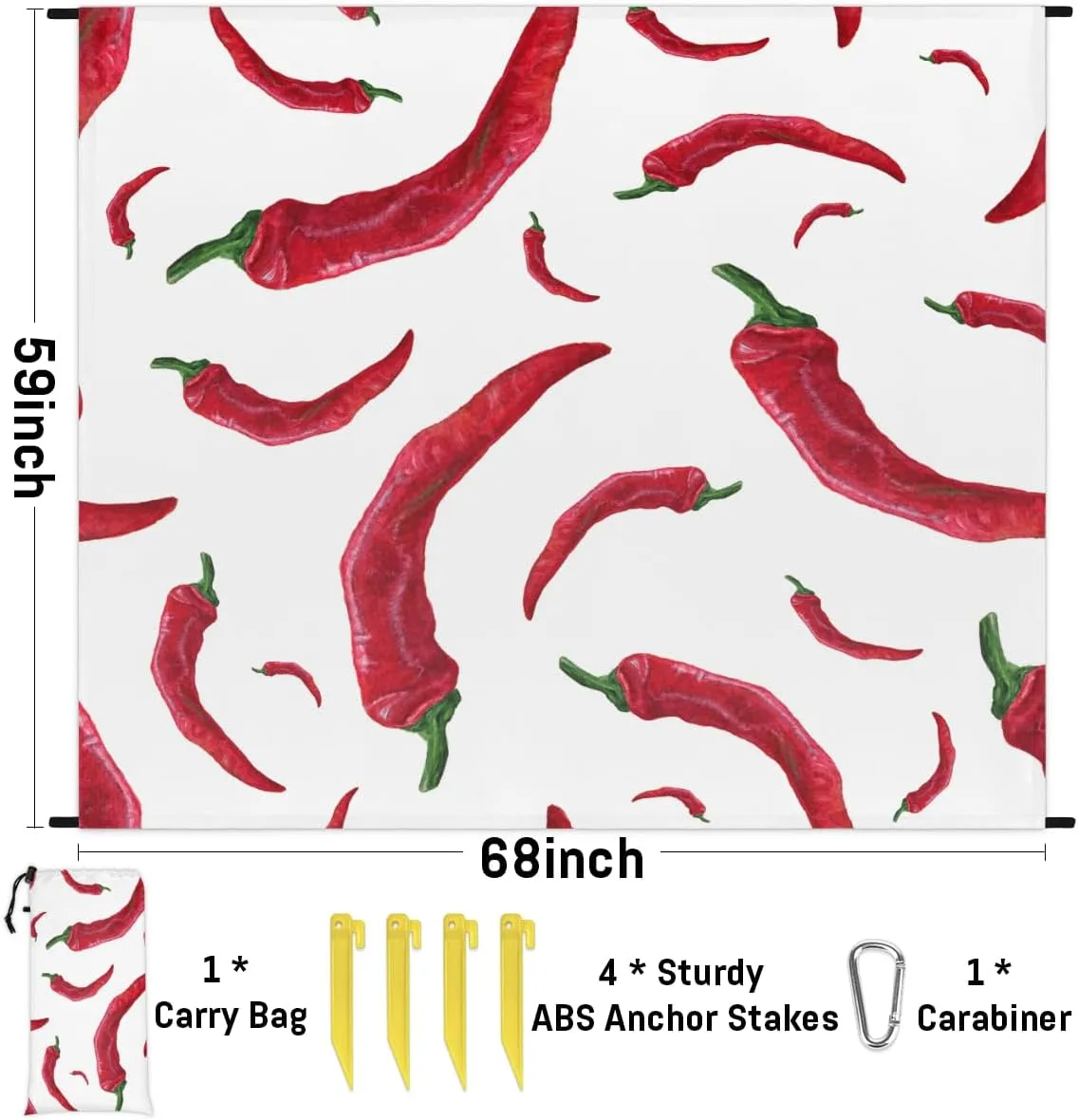 Beach Blanket, Hot Chili Sandproof Beach Mat, Waterproof Quick Drying Sand Free Mat with 4 x Ground Spikes for Outdoor Travel Camping Hiking, Vegetable Chili 68 x 59 in