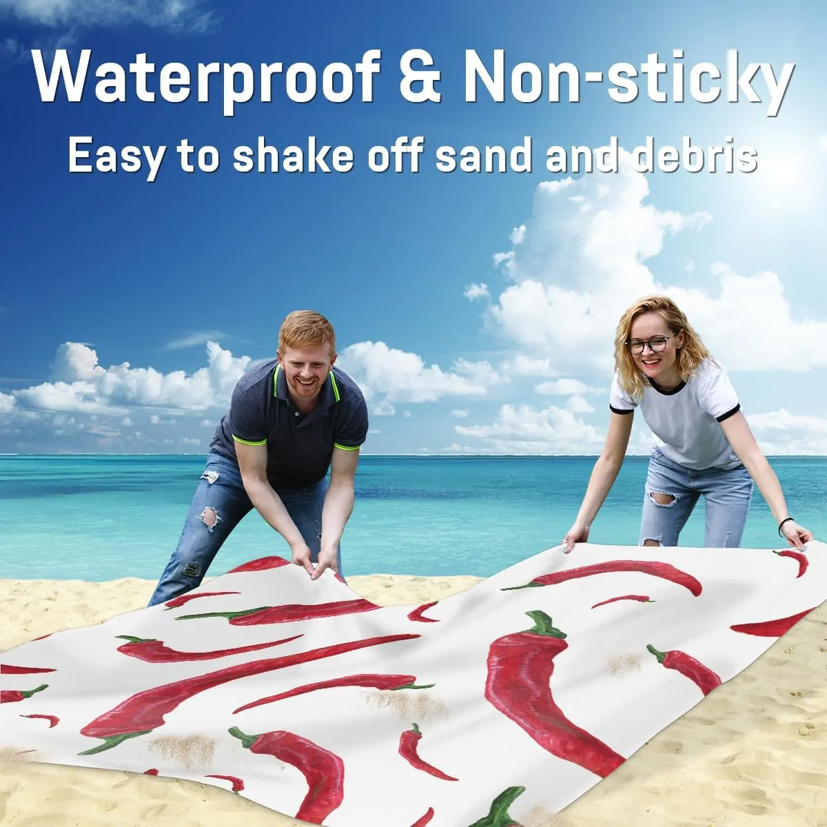 Beach Blanket, Hot Chili Sandproof Beach Mat, Waterproof Quick Drying Sand Free Mat with 4 x Ground Spikes for Outdoor Travel Camping Hiking, Vegetable Chili 68 x 59 in