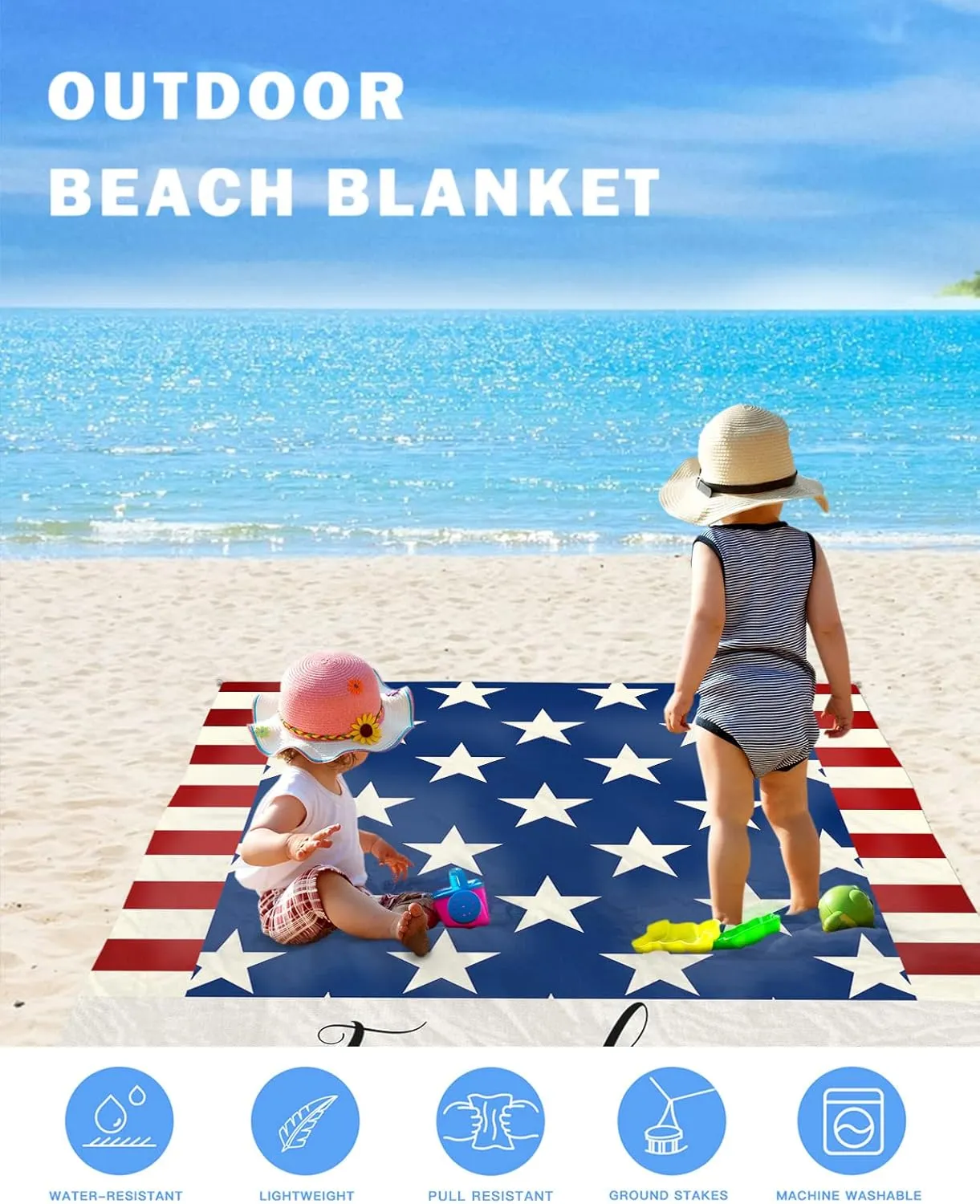 Beach Blanket, Independence Day Flag Day Blue Stars and Stripes Freedom Beach Mat 118"x108" Large Picnic Blanket,Sandproof Waterproof Outdoor Beach Blankets for Travel Camping Hiking Beach Vacation