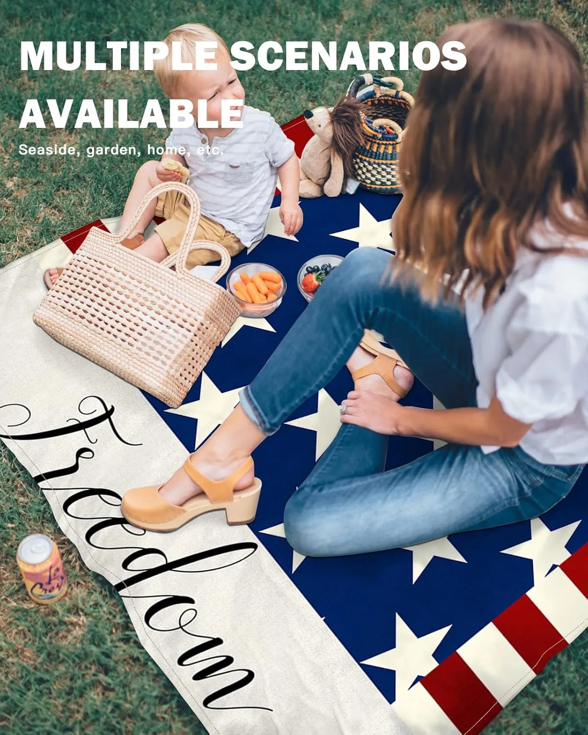 Beach Blanket, Independence Day Flag Day Blue Stars and Stripes Freedom Beach Mat 118"x108" Large Picnic Blanket,Sandproof Waterproof Outdoor Beach Blankets for Travel Camping Hiking Beach Vacation