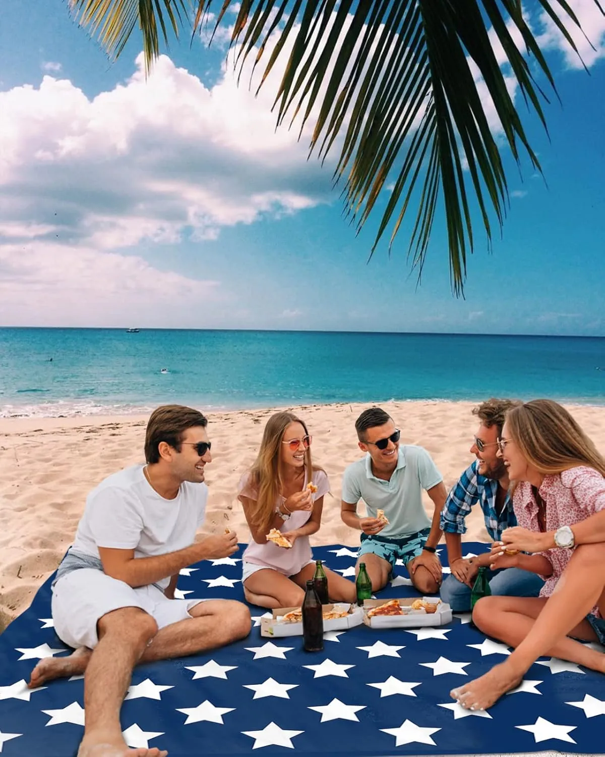 Beach Blanket, Independence Day Flag Day Blue Stars Pentagram Freedom Beach Mat 108"x84" Large Picnic Blanket,Sandproof Waterproof Outdoor Beach Blankets for Travel Camping Hiking Beach Vacation