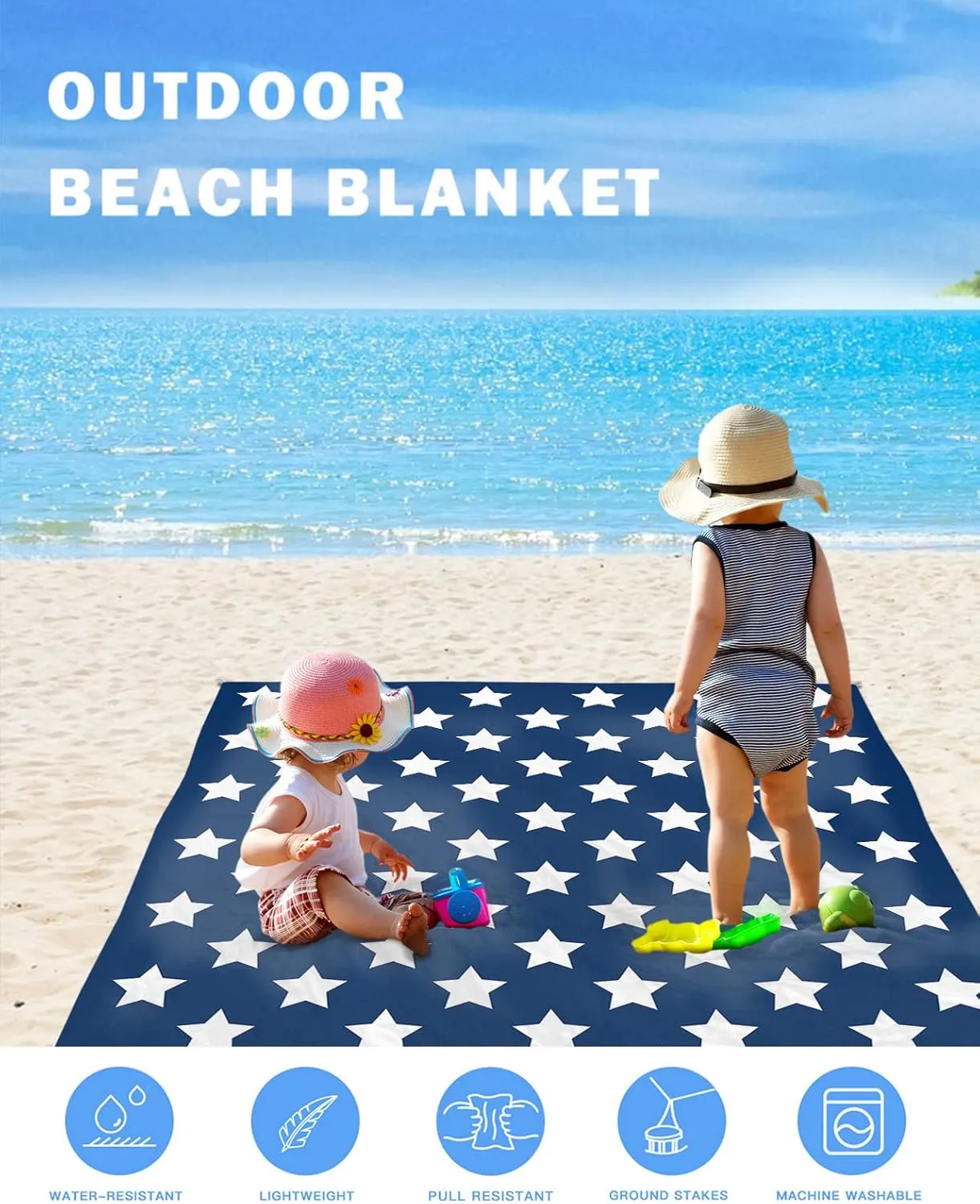 Beach Blanket, Independence Day Flag Day Blue Stars Pentagram Freedom Beach Mat 108"x84" Large Picnic Blanket,Sandproof Waterproof Outdoor Beach Blankets for Travel Camping Hiking Beach Vacation