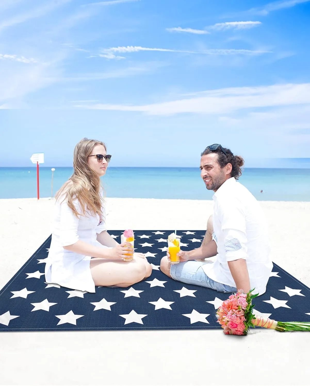 Beach Blanket, Independence Day Flag Day Blue Stars Pentagram Freedom Beach Mat 108"x84" Large Picnic Blanket,Sandproof Waterproof Outdoor Beach Blankets for Travel Camping Hiking Beach Vacation